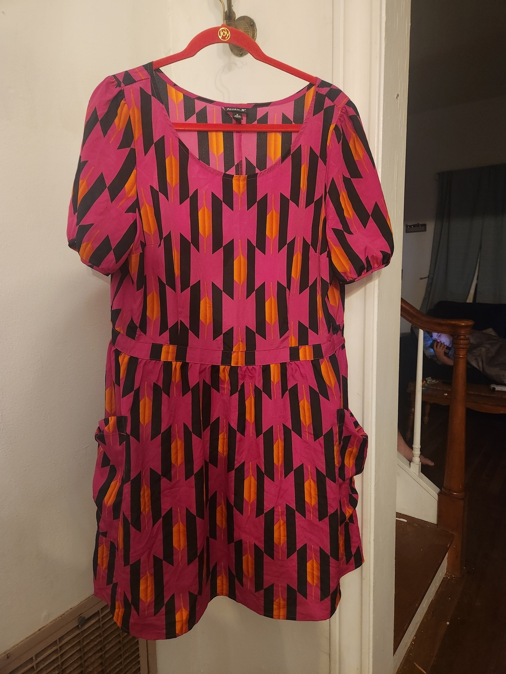 Allen B. By Allen Schwartz Pink Geometric Midi Dress with Black & Orange Accents